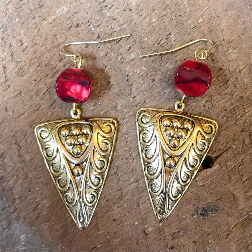 Red and Gold Triangle Earrings